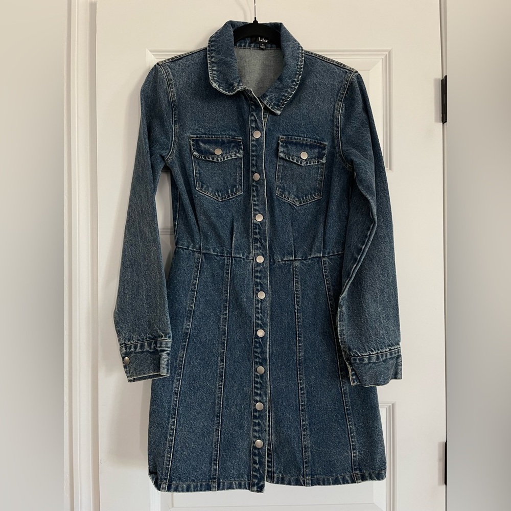 Lulus Blue Denim Long Sleeve Mini Button Up Front Western Dress Size Small